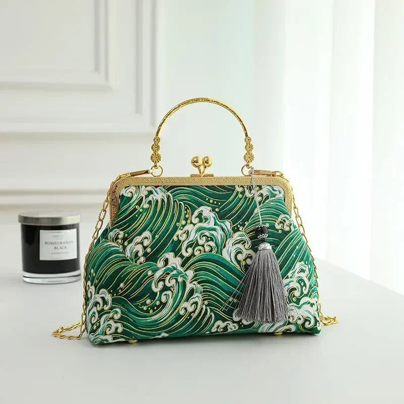 Vintage Cotton Shell Bag | Fringe & Crane Embroidery Chain Crossbody Luxegan