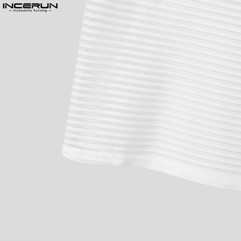 Camisetas informales de moda INCERUN nuevas camisetas sin mangas a rayas transparentes y sexys para hombre, chalecos finos ajustados para discoteca masculina