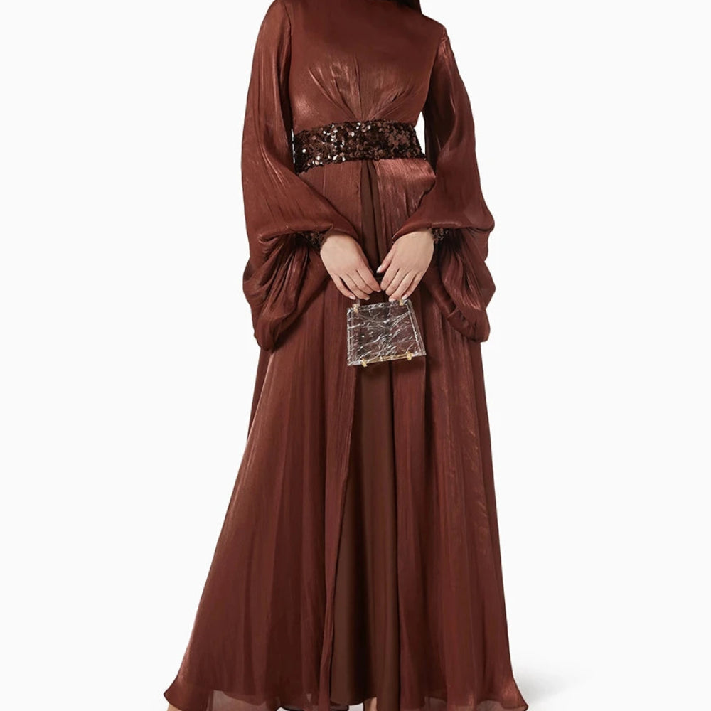 Sequined Draped A-Line Prom Dress | High-Neck Full Sleeve Ankle-Length Evening Gown Luxegan