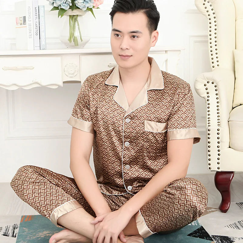 Men's Premium Ice Silk Pajama Set | Luxury Paisley Long-Sleeved Sleepwear Suit | Thin Turn-Down Collar Nightwear | Plus Size High-Quality Home Clothes Male Suit Model SY5004 Luxegan
