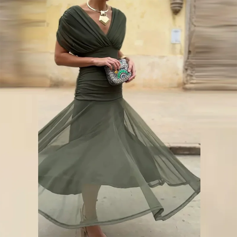 V-Neck Shawl Sleeve Pleated Maxi Dress | Floral Print Hollow Out High Waist Banquet Dress Luxegan