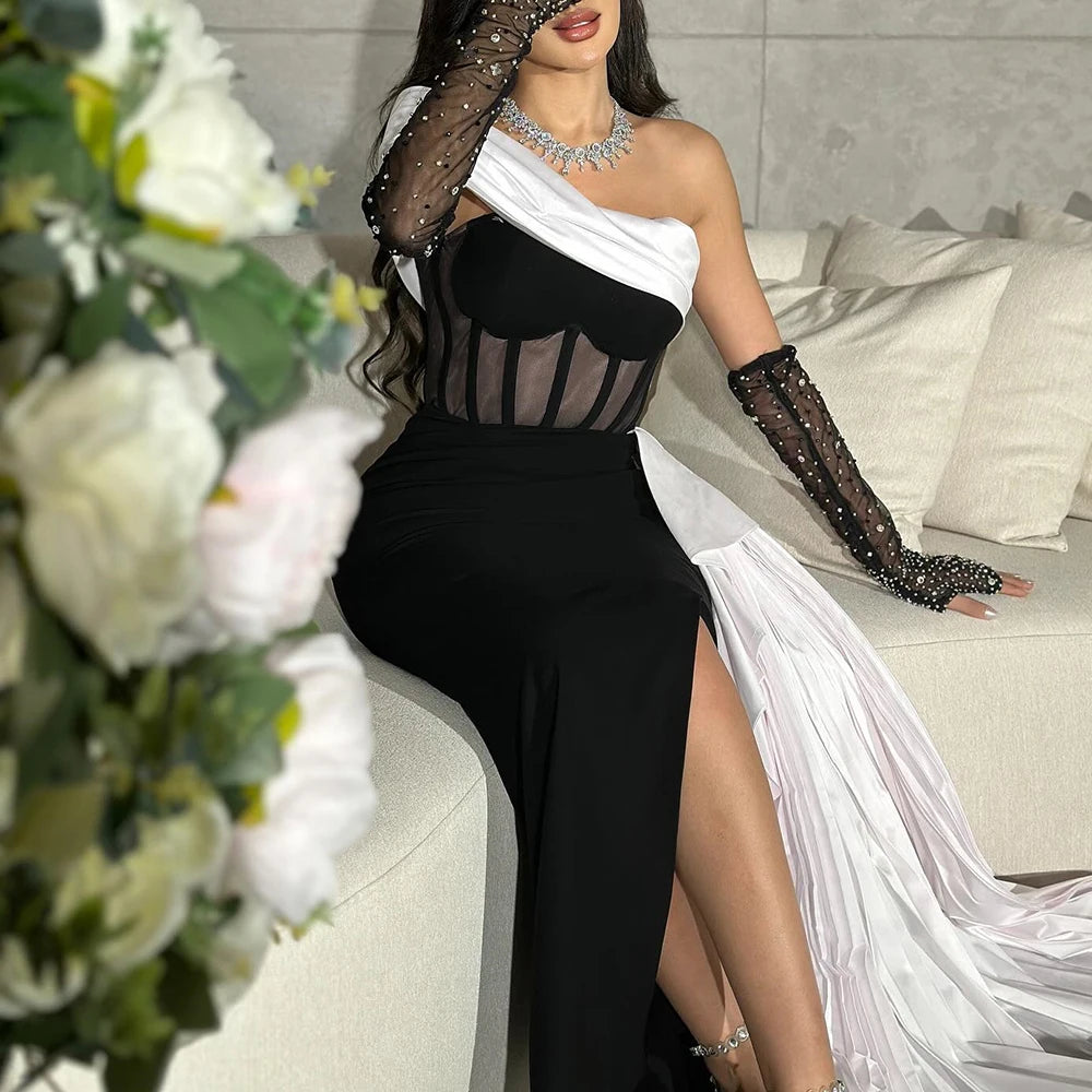 Crystal Pleat Backless A-Line Prom Gown | Off-Shoulder Full Sleeve Floor-Length Evening Dress Luxegan