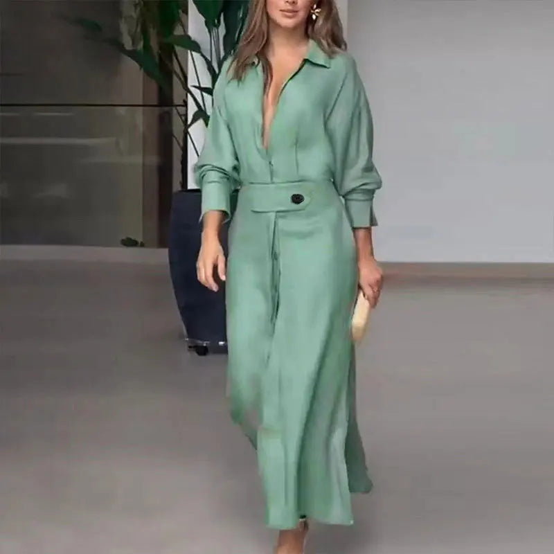 Women's Dress Autumn New Fashion Elegant Long Sleeve Leisure Solid Color V Neck Sexy Ladies Shirt Dresses Commuting Streetwear