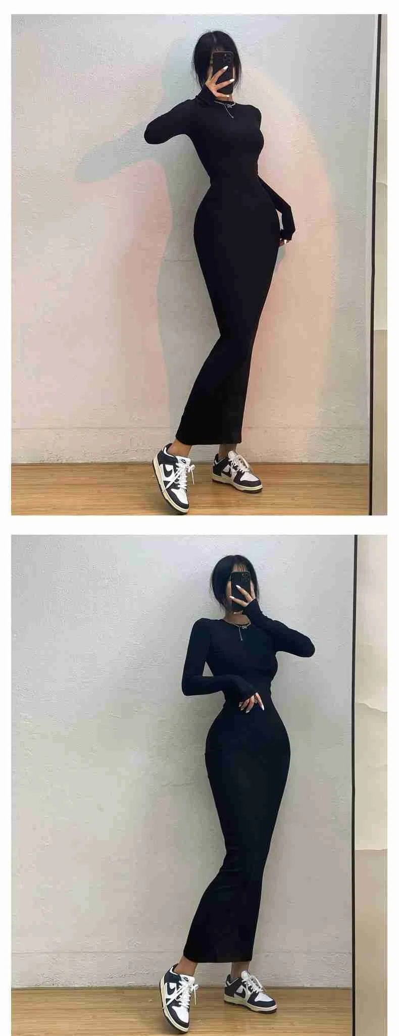 Women's Elegant High Street Long Sleeve Maxi Dress | Simple Korean Style Slim Fit Ankle-Length Robe | Soft Autumn/Winter Solid Color A-Line Gown | Premium Ruffle Empire Waist Model Carbon Ash Luxegan