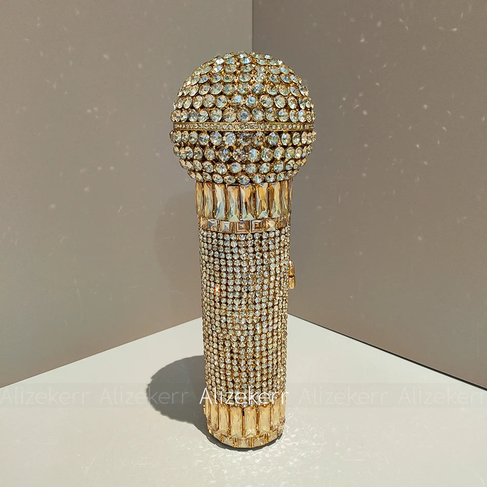 Gorgeous Microphone-Shaped Evening Bag | Unique Diamond-Encrusted Metal Clutch | Luxury Rhinestone Handbag for Parties, Weddings, & Red Carpet Events Luxegan