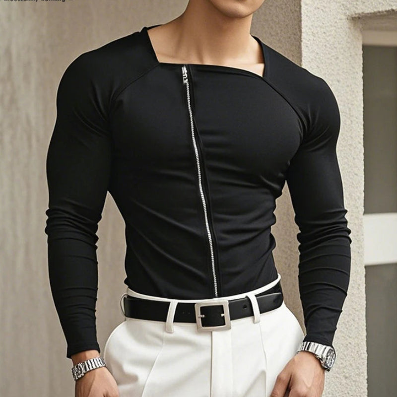 Square Neck Knitted Zipper T-Shirt | Sophisticated Long-Sleeved Camiseta Silhouette | Elegant "Zipper Detail" Spring and Summer Top | "Dignified" Solid Broadcloth Tee for Radiant Versatile Styling Luxegan