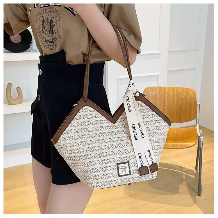 Vintage Handmade Woven Straw Beach Bag | Sophisticated Raffia Circle Rattan Shoulder Bag | Bohemian Summer Vacation Handbag | Fashion-Forward TPU & Polyester Casual Tote Luxegan