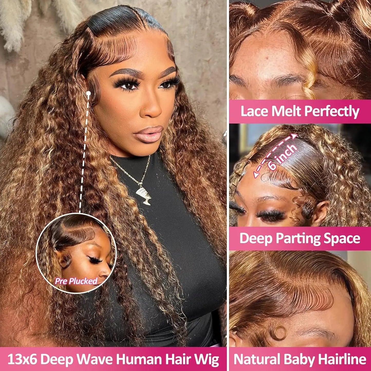 Honey Blonde Highlight Water Wave Wig | Sophisticated 13x6 & 13x4 HD Transparent Lace | Elegant "Brazilian Remy" 26+ Inch Length | "Dignified" Pre-Plucked Deep Wave Human Hair for Radiant Versatile Styling Luxegan