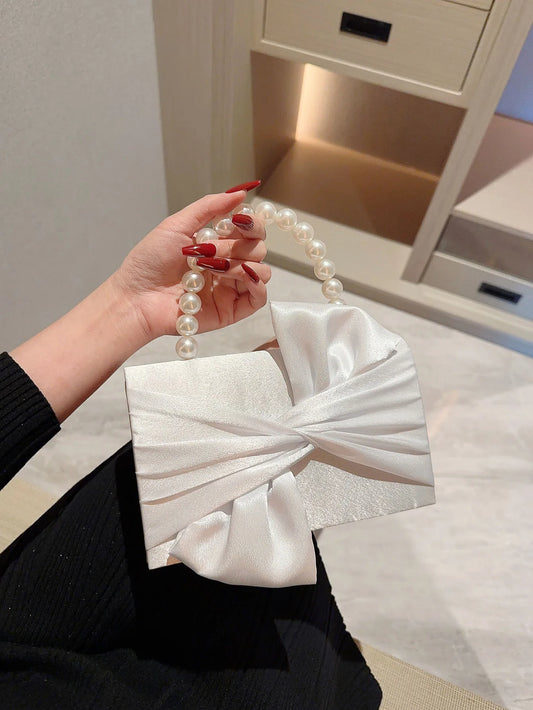 Lady Exquisite Flower Evening Bag | White Wedding Bag & Faux Pearl Handheld Banquet Bag (Party, Prom, Dress Bag) Luxegan