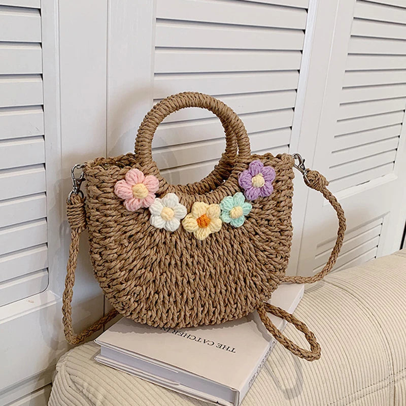 Hand-Woven Circular Straw Tote | Sophisticated Bohemian Rattan Purse | Elegant Floral-Accent Beach Bag | "Dignified" Soft Wicker Handbag for Versatile Summer Styling Luxegan