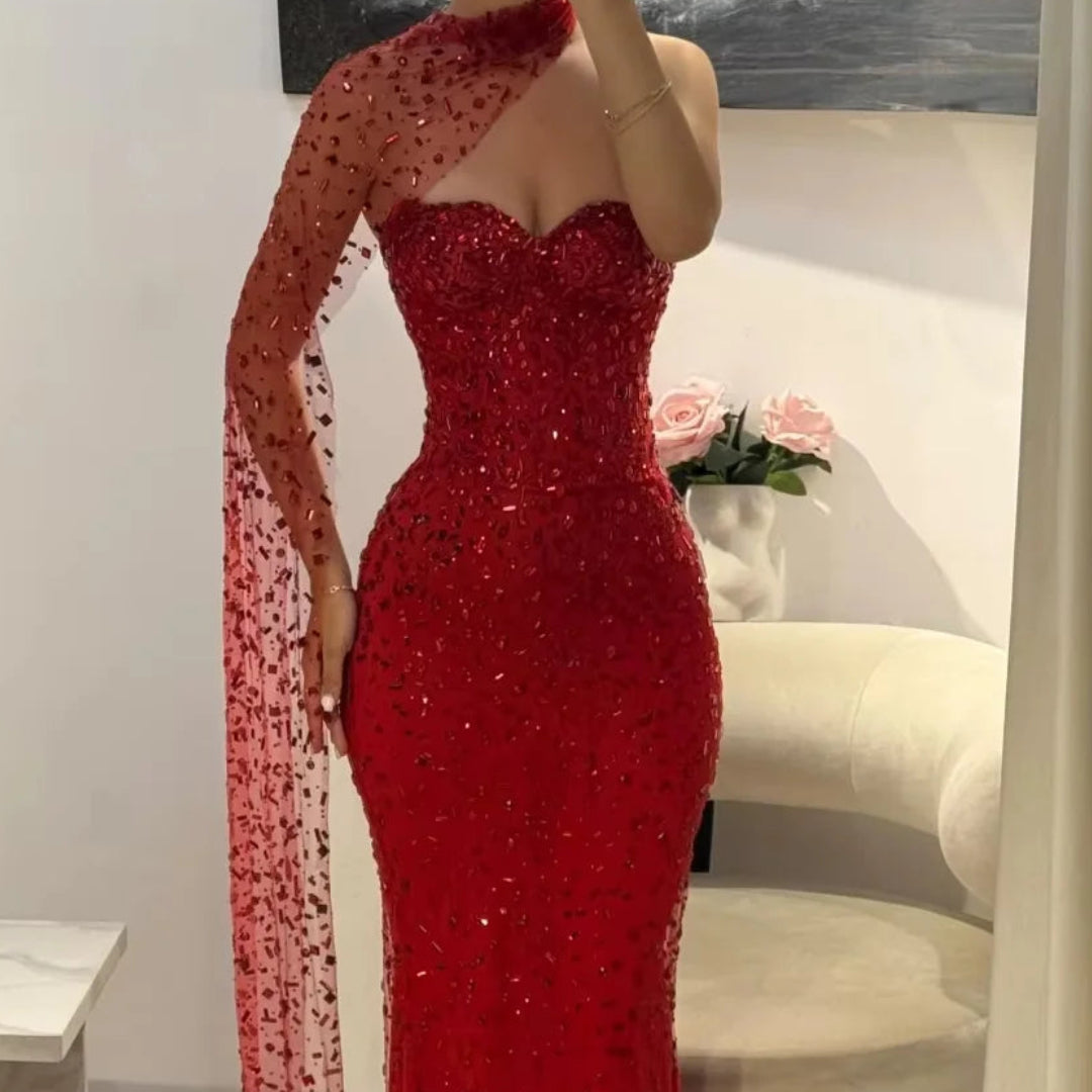 Luxurious Off-Shoulder Prom Dress | Elegant Sweetheart Lace Evening Gown | Classic Floor-Length Ball Dress with Fish-Tail Shawl | Premium Microfiber Sleeveless A-Line Gown with Built-in Bra Luxegan