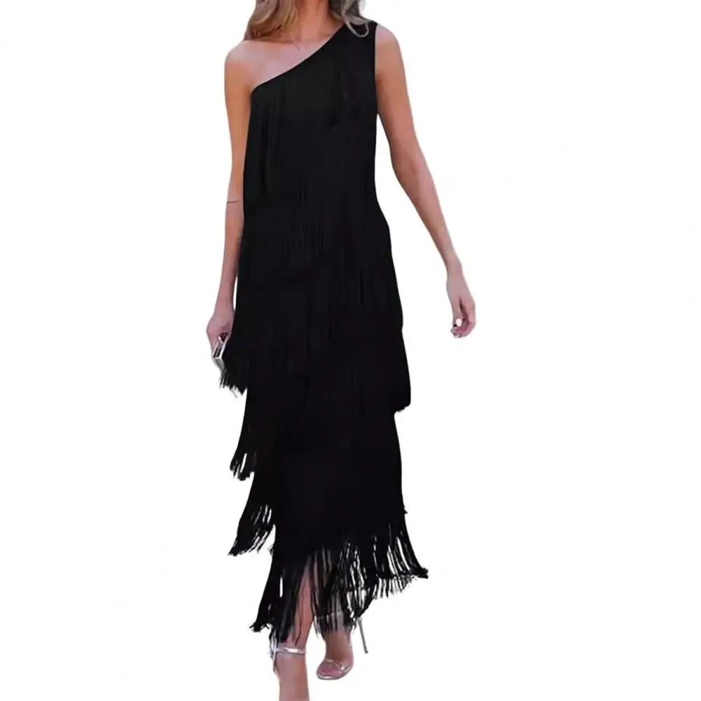 Women's One-Shoulder Layered Fringed Tassel Evening Dress | Elegant Asymmetric Cocktail Party Maxi Dress | Loose Fit Sleeveless Prom Dance Gown | Premium Tatting Slight Stretch Ankle-Length Luxegan