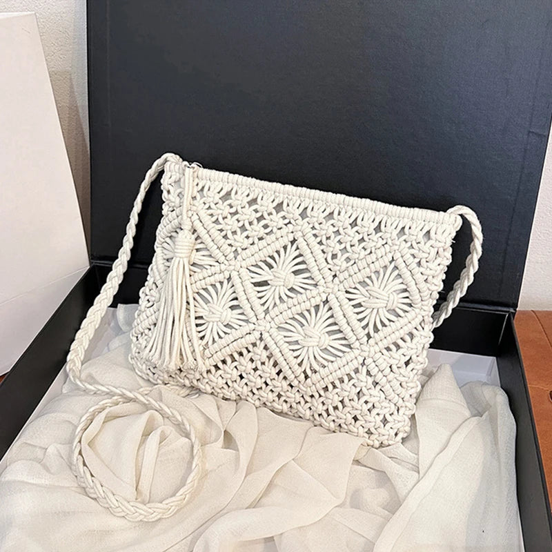 Designer Hollow Out Woven Straw Bag | Fashion Bohemian Summer Crossbody & Shoulder Bag with Tassels Luxegan