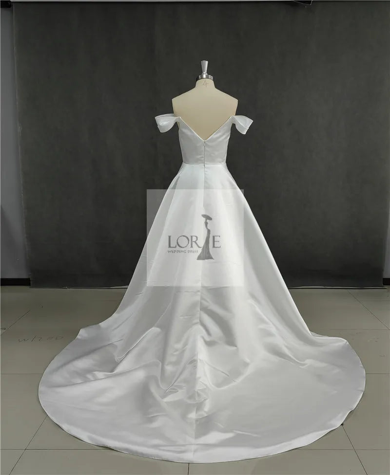Classic Soft Satin A-Line Wedding Dress | Elegant Off-The-Shoulder Sleeveless Bridal Gown | Vintage Lace Applique Beaded Wedding Party Gown | Model 11DWYW2000051 Custom Floor-Length Court Train Dress Luxegan