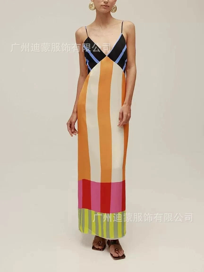 Patchwork Beach Style Square Neck Sleeveless Spaghetti Strap Slim Sheath Mid-Calf Dress – High-Stretch Polyester, Empire Waist, Summer Luxegan