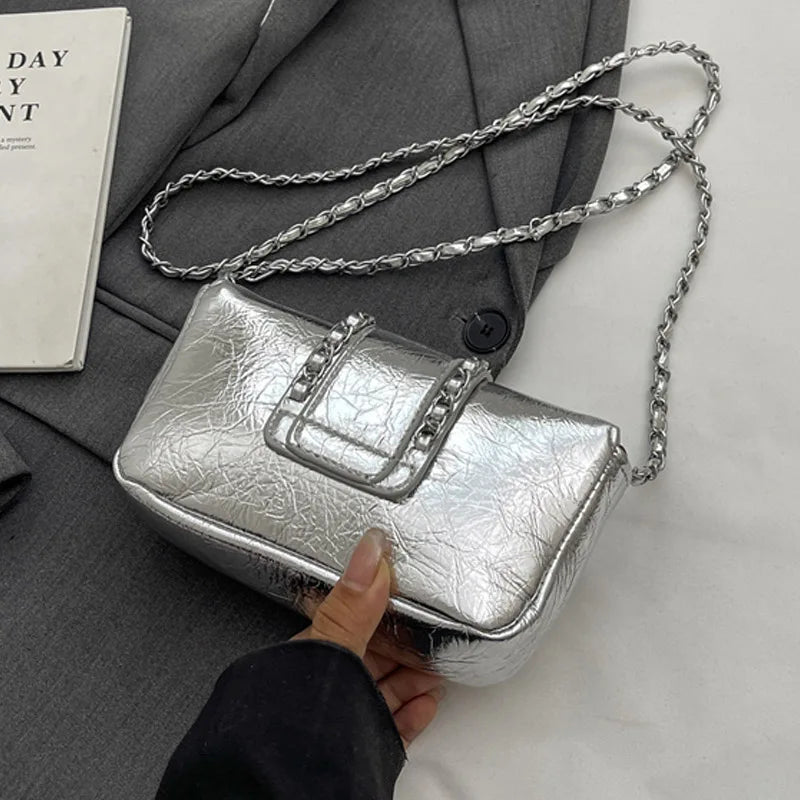 Silvery Luxury Handbags & Purse for Women | PU Leather Flip Messenger Shoulder Bag (Female Chain Crossbody Bag) Luxegan