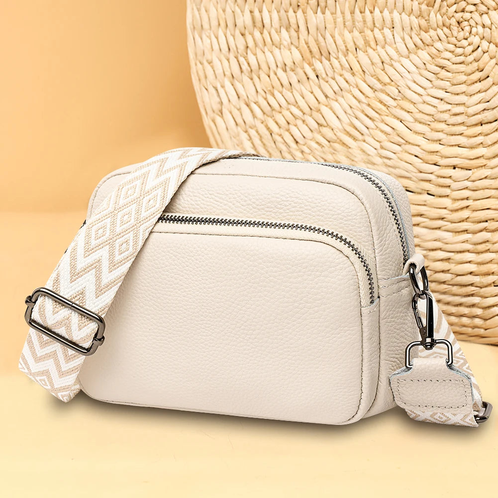 Genuine Leather Wide Strap Shoulder Bag | Solid Color Crossbody & Phone Bag Luxegan