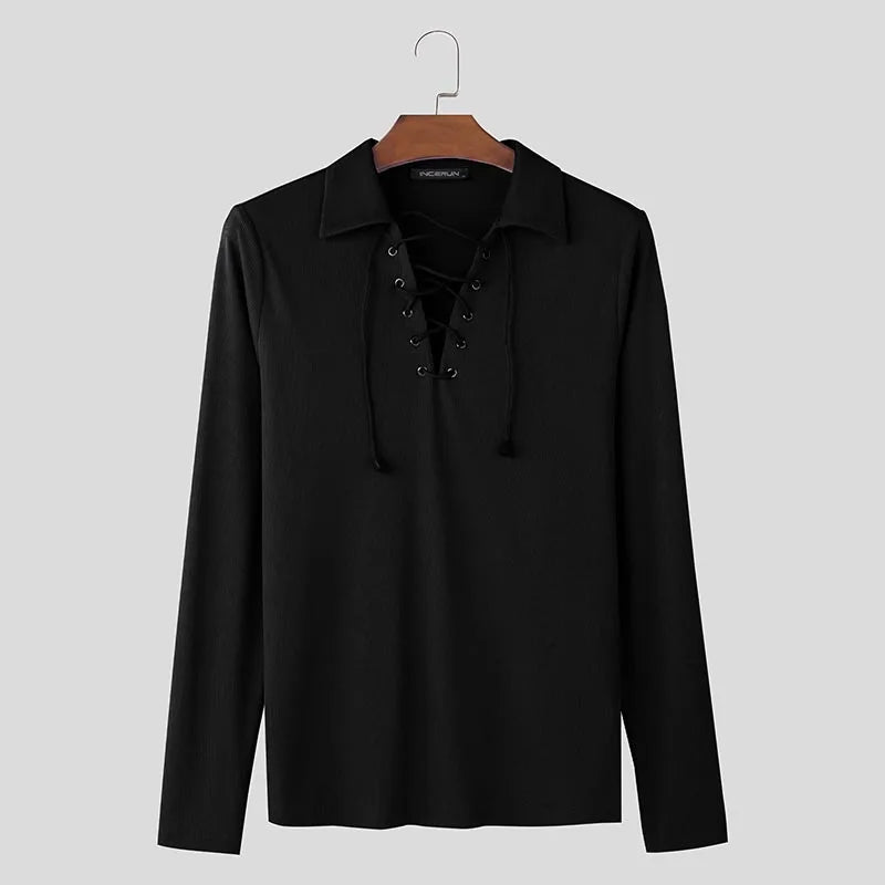 Mesh Drawstring Texture T-Shirt | Sophisticated Turn-Down Collar Silhouette | Elegant "Full-Length" Breathable Camiseta | "Dignified" Solid Knit Top for Radiant Versatile Styling Luxegan