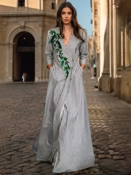 Striped High Waist Floor-Length Dress | Sophisticated V-Neck A-Line Silhouette | Elegant "High Street" Party Gown | "Dignified" Empire Waistline for Radiant Versatile Styling Luxegan