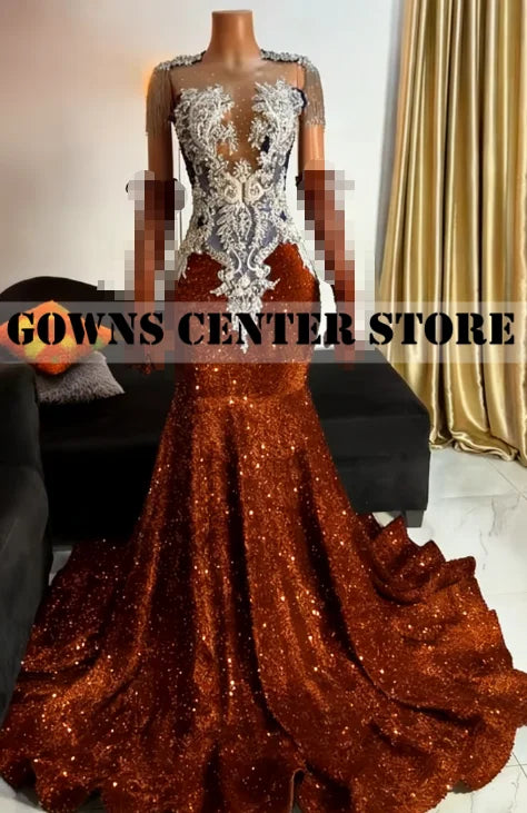 Royal Blue Luxury Crystal Beaded Mermaid Prom Dress | Exquisite Tassel Evening Gown with Matching Gloves | Sleeveless O-Neck Velour Formal Dress with Sweep Train Luxegan