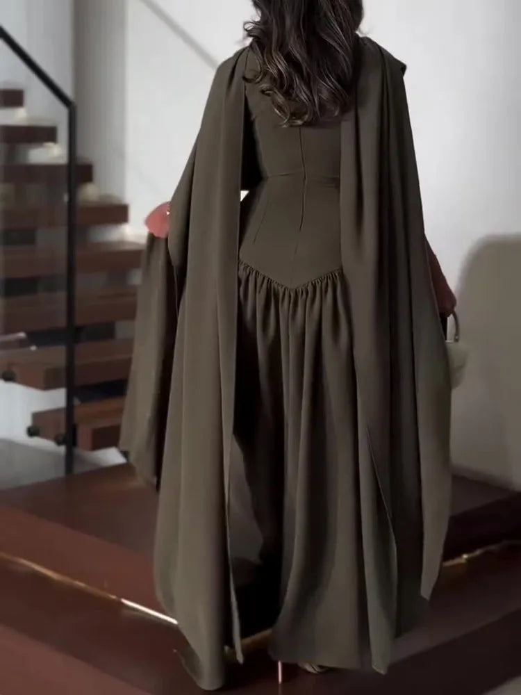 Shawl Collar Sleeveless Hollow-Out Draped A-Line Ankle-Length Maxi Dress | Elegant Banquet Temperament Dress Luxegan