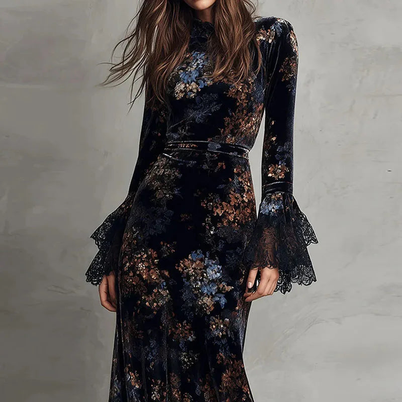 Printed Petal Sleeve Mermaid Maxi Dress – Crew Neck, Empire Waist, Autumn/Winter Luxegan