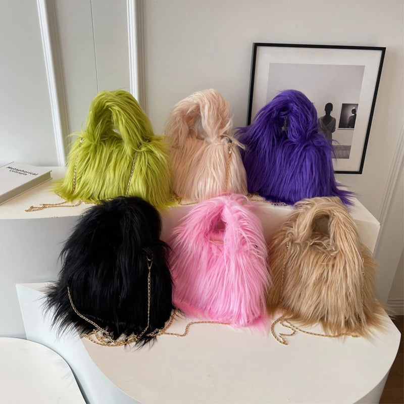 Soft Plush Faux Fur Handbag | Winter Chain Crossbody & Clutch Luxegan