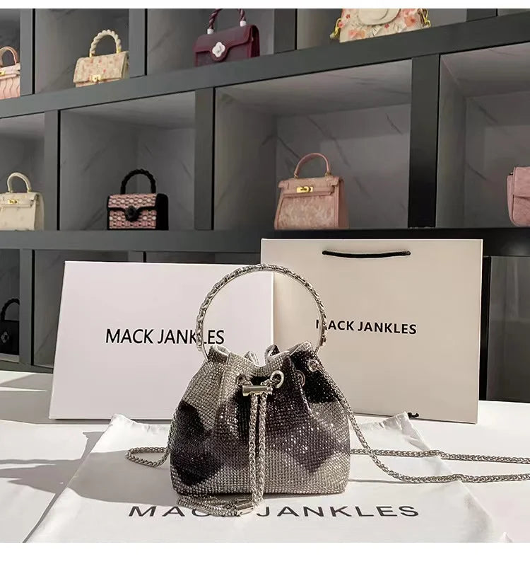 Fashion Metal Ring Handle Bucket Bag | Glitter Shiny Diamond Evening Purse | Luxury Rhinestone Wedding Party Clutch & Crossbody Bag (Model SHRF38) Luxegan