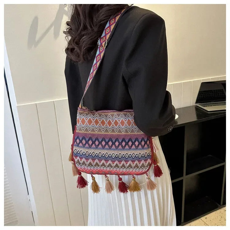 Vintage Tassel Ethnic Crossbody | Sophisticated Handwoven-Look Shoulder Bag | Elegant "National" Style Hippie Sling | "Dignified" Soft Square Handbag for Versatile Bohemian Flair Luxegan