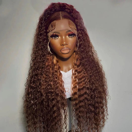Chocolate Brown Kinky Curly HD Lace Wig | Sophisticated 13x6 & 13x4 Transparent Frontal | Elegant "Indian Remy" 26+ Inch Silhouette | "Dignified" Pre-Plucked Deep Wave Human Hair for Radiant Versatile Styling Luxegan