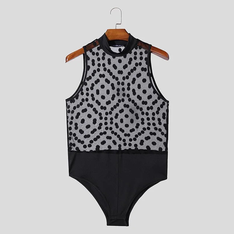 American Style Men's Polka Dot Mesh Jumpsuit | Sophisticated "See-Through" Triangle Silhouette | Elegant Semi-High Neck Sleeveless Bodysuit | "Dignified" High-Performance Homewear for Radiant Versatile Styling Luxegan
