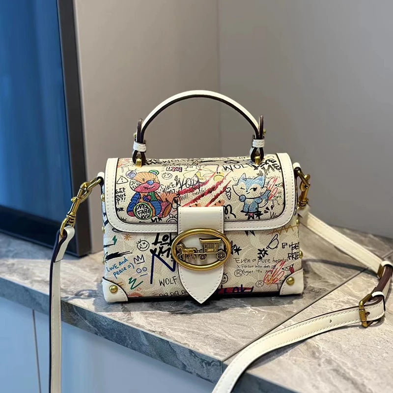 Brand Premium Graffiti Box Small Square Bag | Designer Autumn & Winter Satchel Handbag | Fashionable PVC Single Shoulder Crossbody Bag | Trendy Women’s Streetwear Purse (Model 8099) Luxegan
