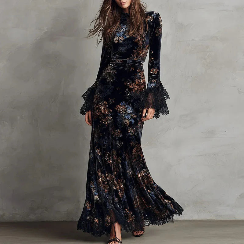 Printed Petal Sleeve Mermaid Maxi Dress – Crew Neck, Empire Waist, Autumn/Winter Luxegan