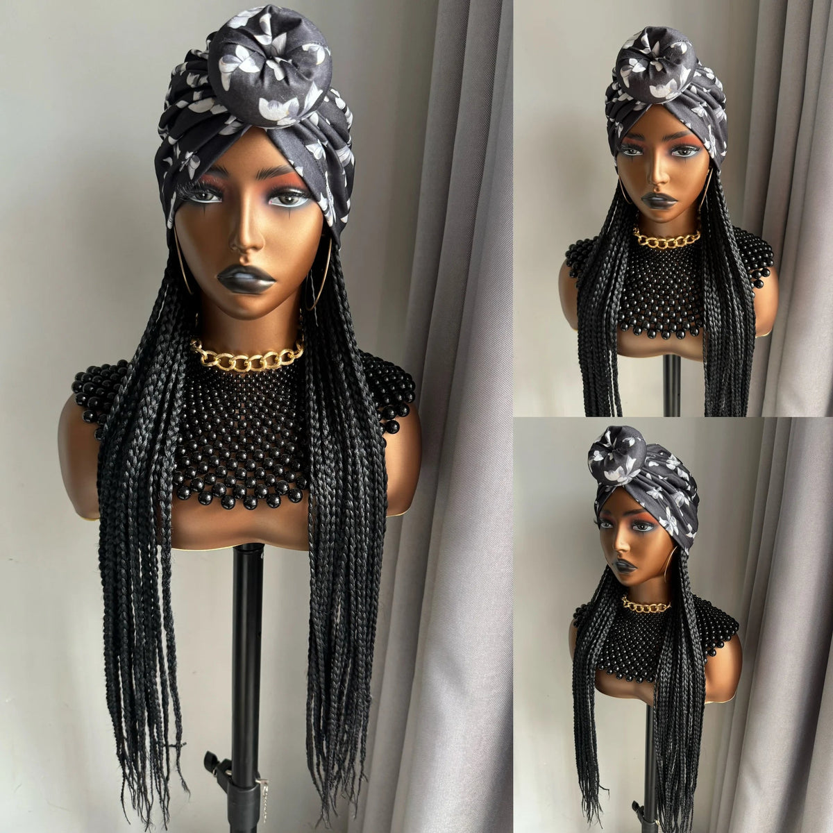 WIGERA Long 24“ Black Box Braided Synthetic Wig With Headband Turban Hat Box Braiding Hair Extensions Head Scarf  Wigs For Women Luxegan