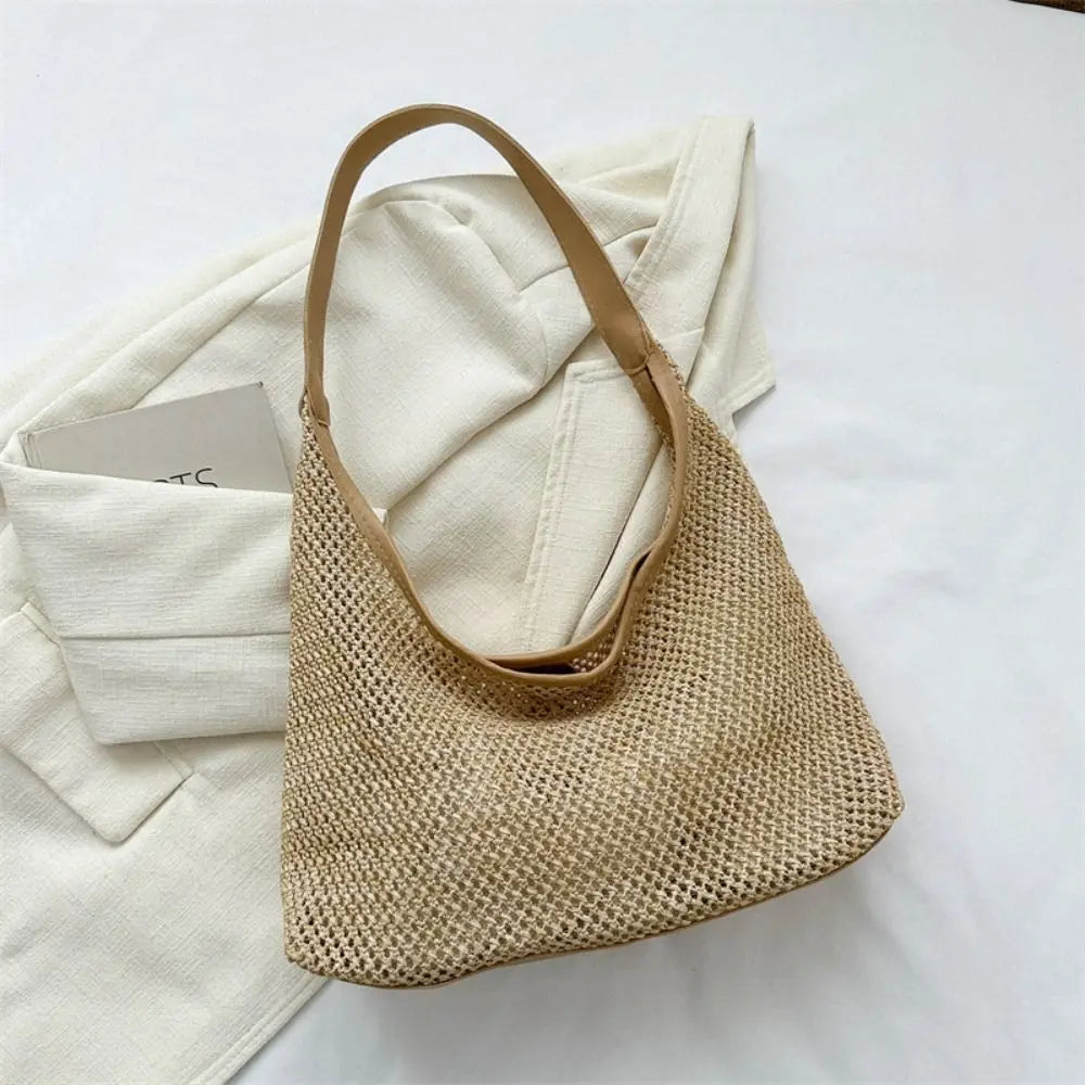 Casual Woven Straw Bucket Bag | Large Capacity Underarm Shoulder Bag | Women’s Fashion Solid Color Tote | Minimalist Summer Weave Handbag Luxegan