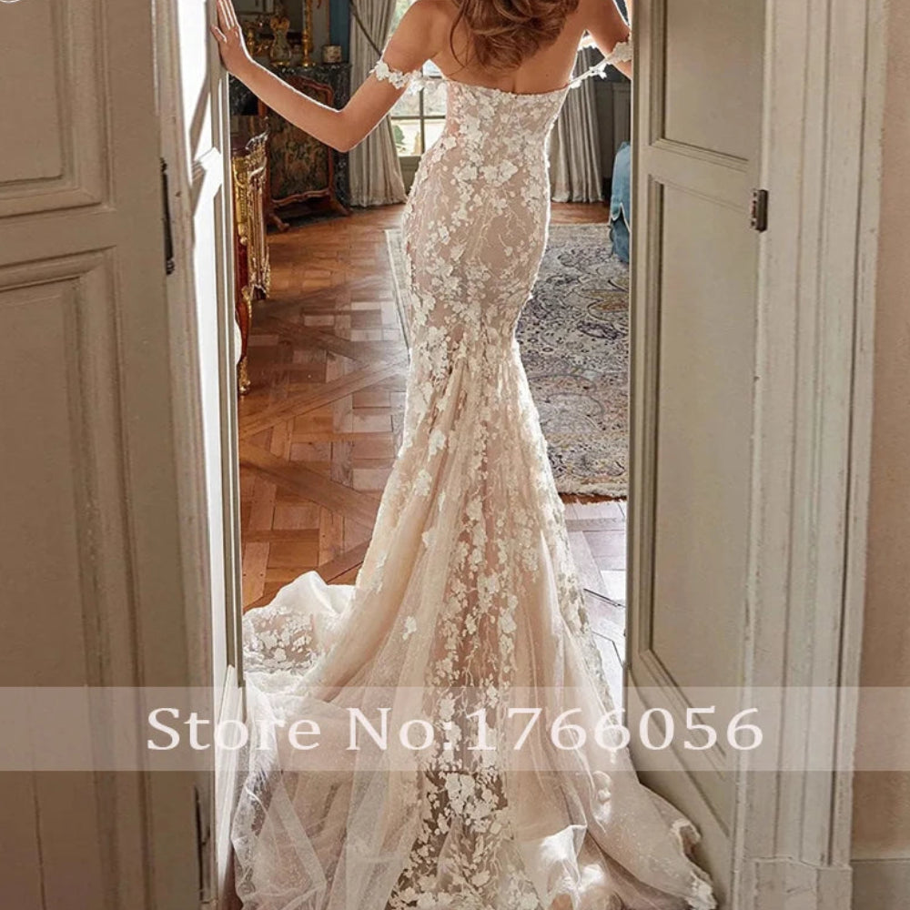 Elegant Boat Neck Lace Mermaid Wedding Dress | Luxury Illusion Beaded Pearls Bridal Gown | Spaghetti Strap Court Train Trumpet Marriage Dress Luxegan