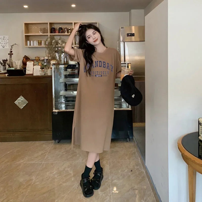 Summer Retro Letter-Print Plus-Size Dress | Casual Cartoon Pattern O-Neck Home Wear | Loose Fit Knee-Length A-Line Dress | Lightweight Short-Sleeved Lounge Dress for Juniors Luxegan