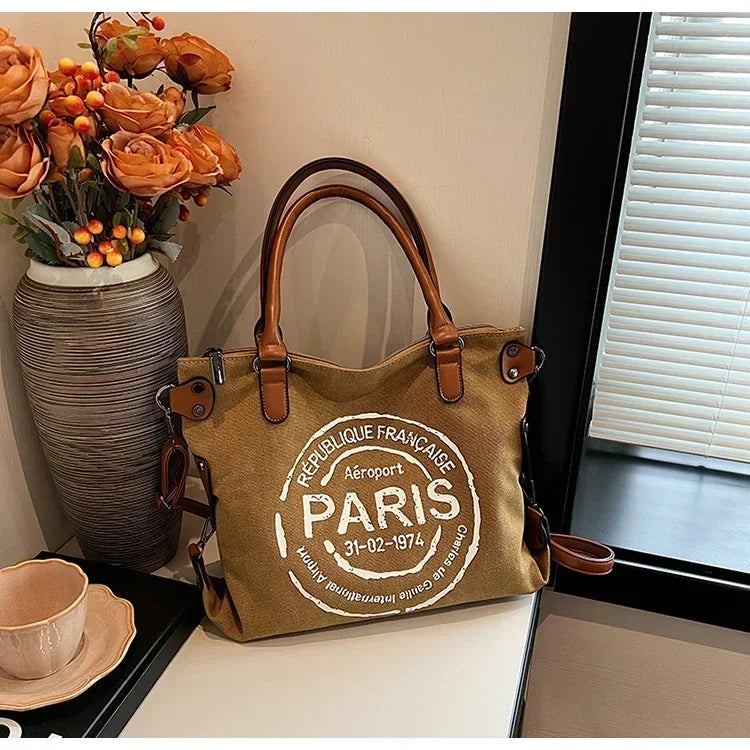 Large Women Stylish Crossbody Bag | Retro Canvas Tote Bag & Vintage Paris Stamp Print Luxegan