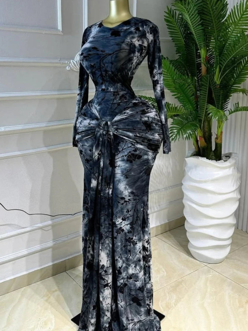 Ruched Print Mermaid Maxi Dress – Crew Neck, Long Sleeve, Empire Waist, Autumn/Winter Luxegan