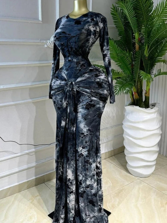 Ruched Print Mermaid Maxi Dress – Crew Neck, Long Sleeve, Empire Waist, Autumn/Winter Luxegan