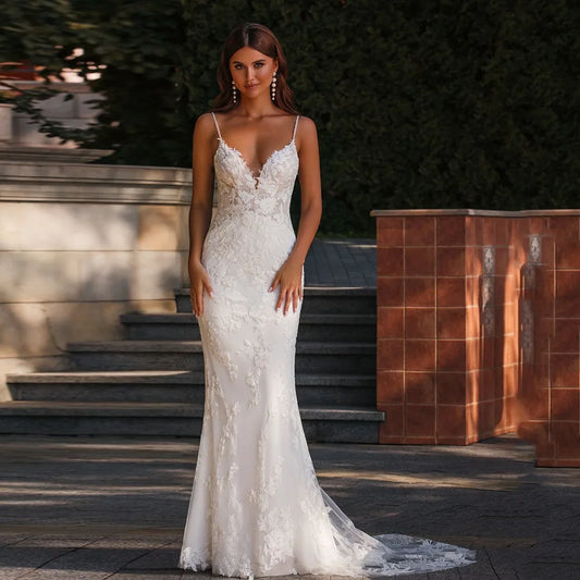 Sexy vestido de novia de sirena, escote en V, tirantes finos, apliques, sin mangas, bohemio, largo hasta el suelo, bata de novia para la playa, robe de mariée