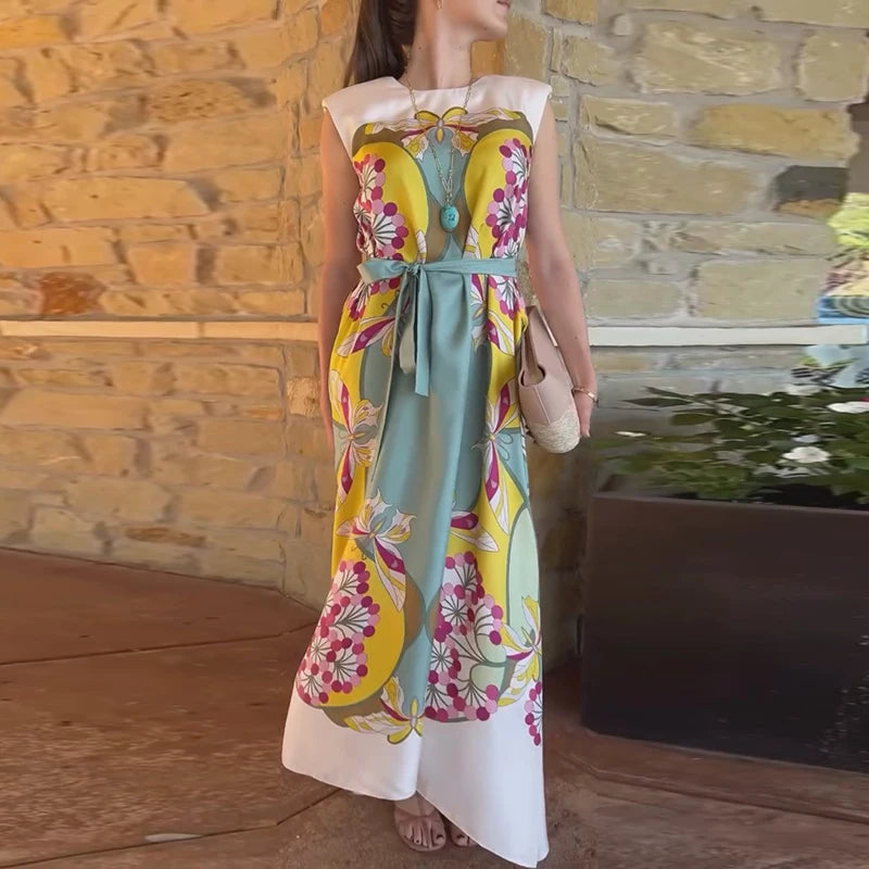 Print Round Neck Flared Half Sleeve Slim Fit Voluminous Skirt Ankle-Length Dress – Natural Waist, Summer Luxegan
