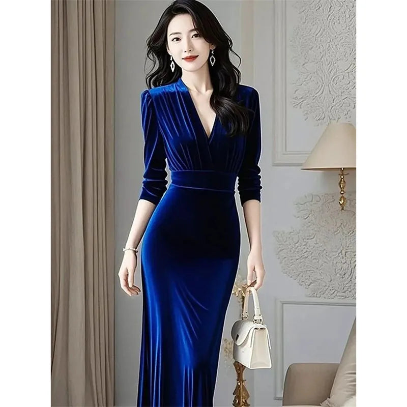 Solid Casual V-Neck Full-Length Sleeve Regular Fit A-Line Ankle-Length Dress – Slight-Stretch Cotton-Polyester Blend, Natural Waist, Autumn/Winter Luxegan