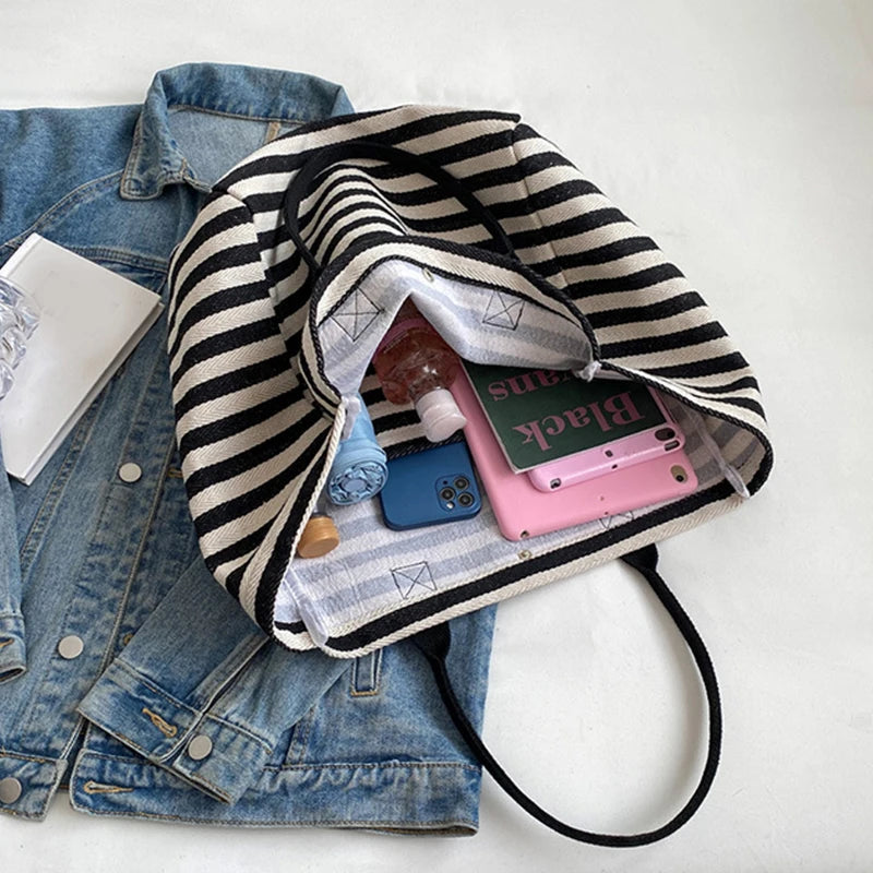 Casual Striped Canvas Bag for Women | Large Capacity Shoulder Bag & Daily Shopping Tote (Student Bookbag for School, Travel, Beach) Luxegan