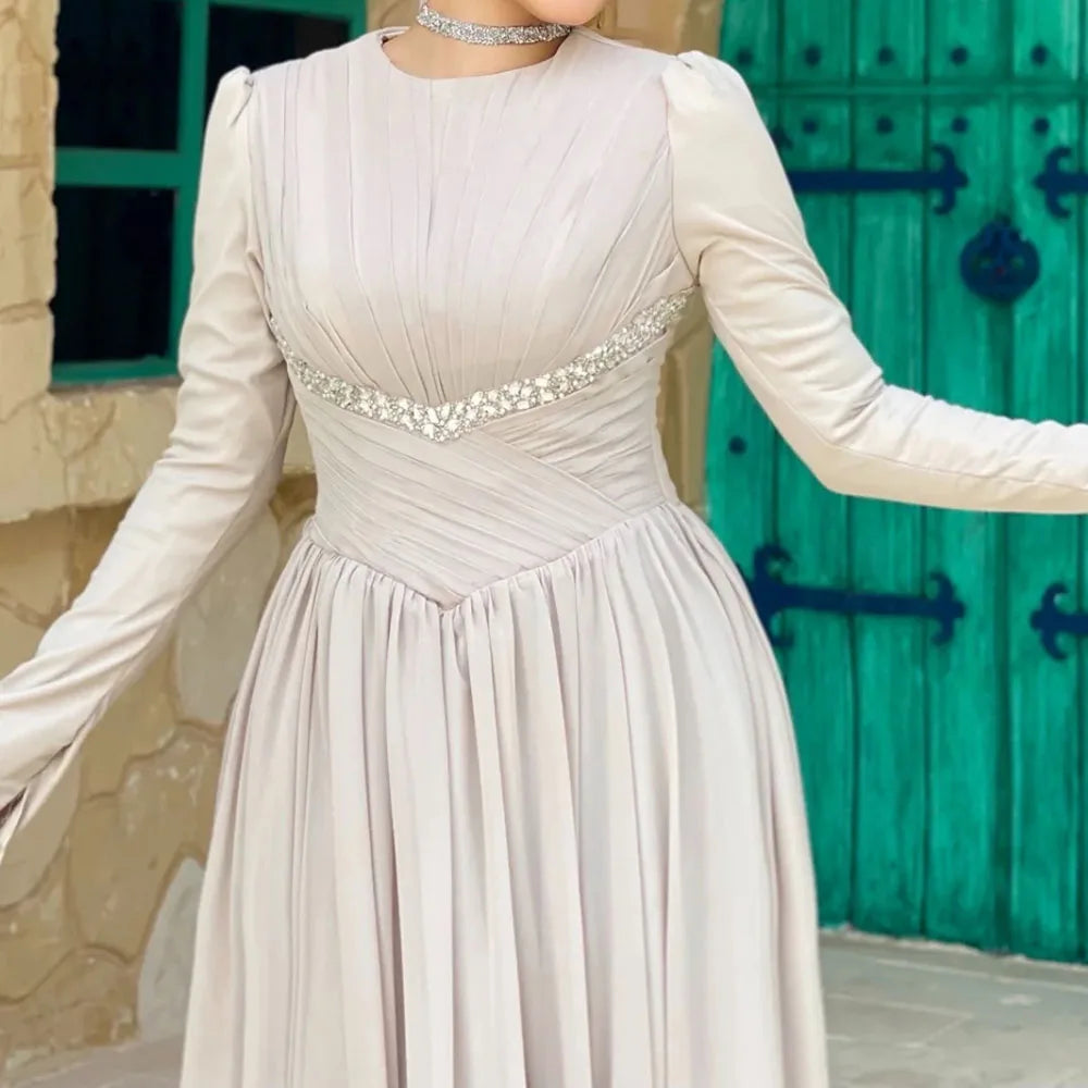 Crystal Draped A-Line Evening Gown | O-Neck Full Sleeve Floor-Length Prom Dress Luxegan
