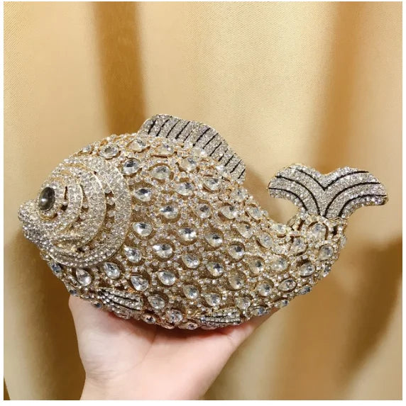 Women's Rhinestone Fish Evening Minaudiere Bag | Luxury Gold Stone Bridal Clutch Purse | Premium Metallic Hard Shell Wedding Handbag | Elegant Genuine Leather Lined Party Dinner Purse Model 01 Luxegan