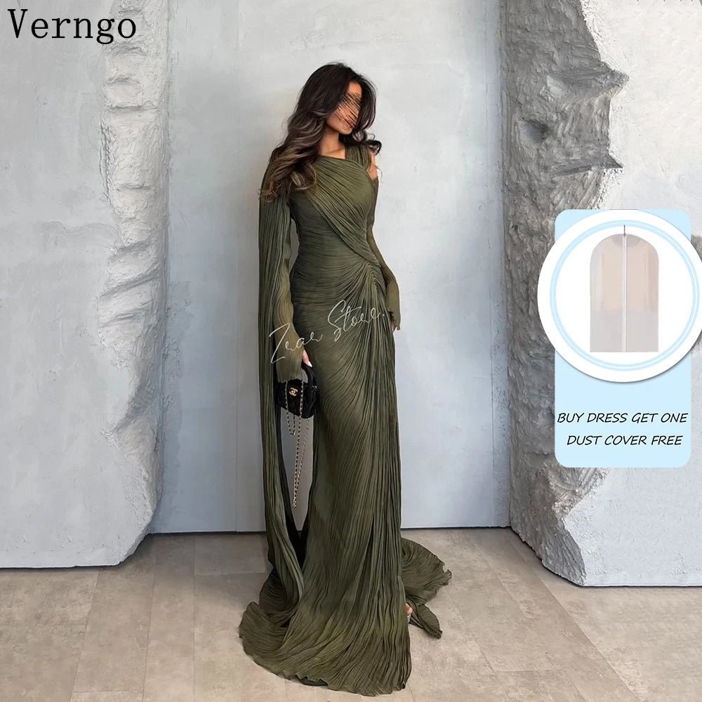 Verngo Green Shiny Formal Evening Dress O Neck Full Sleeves Formal Occasion Elegant Pleat Arabic Prom Gowns Customized