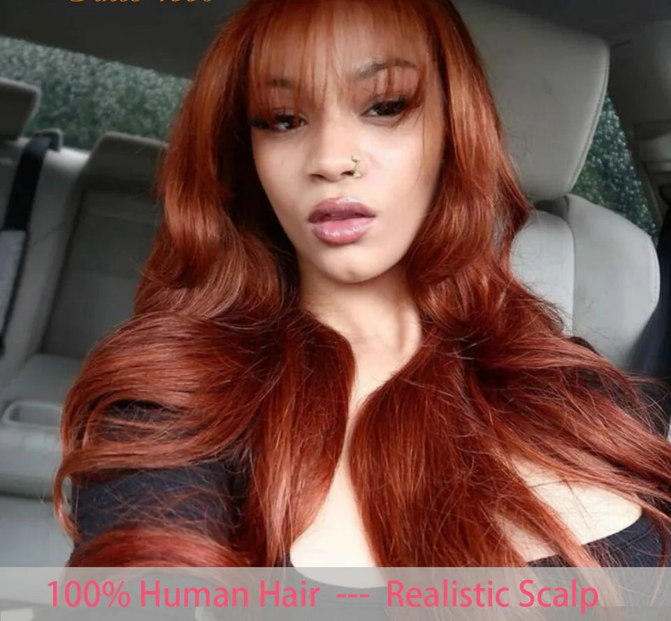 Natural Color 24" Body Wave Wig with Bangs | 180% Density Remy Human Hair Middle Part Lace Luxegan
