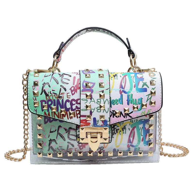 Brand Women's Studded Graffiti Crossbody Bags | Fashion Shoulder Bag for Ladies (Luxury Designer PVC Handbags & Messenger Satchel) Luxegan