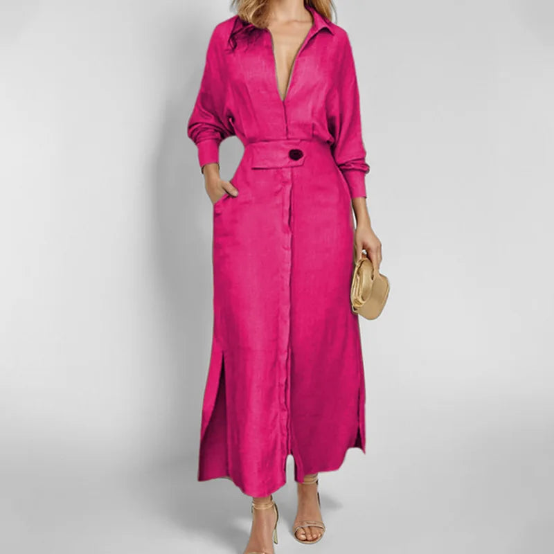 Women's Dress Autumn New Fashion Elegant Long Sleeve Leisure Solid Color V Neck Sexy Ladies Shirt Dresses Commuting Streetwear